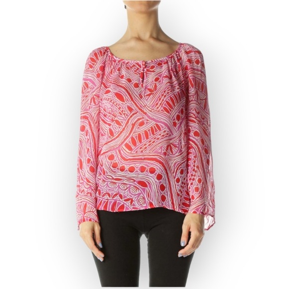 TRINA TURK Red/Magenta-Pink/White Silk Print Keyhole See-Through Blouse S - Picture 1 of 12
